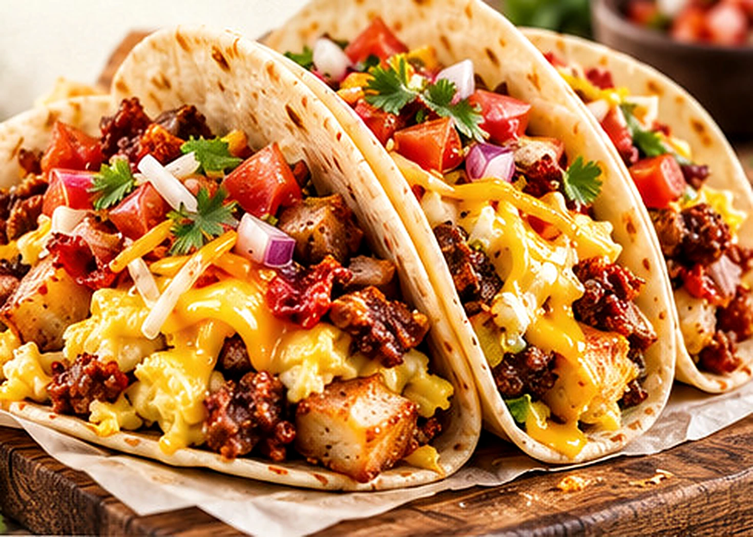 Close-up of breakfast tacos filled with eggs, potatoes, meat and cheese; illustrative promotional photograph