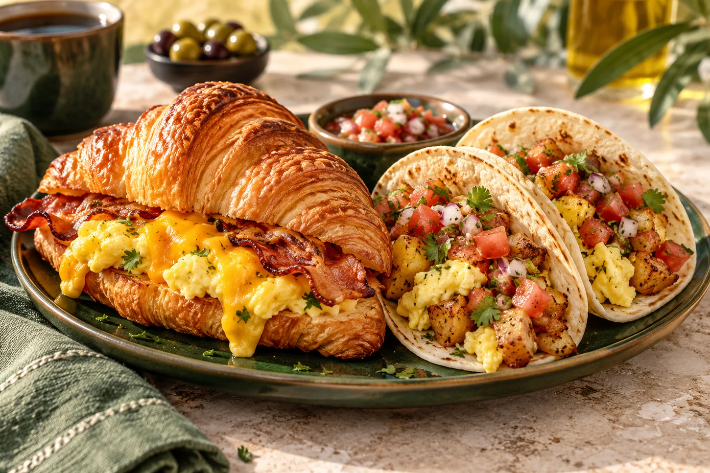 Illustrative breakfast croissant sandwich with scrambled eggs and bacon, served alongside egg-and-potato tacos and fresh pico de gallo