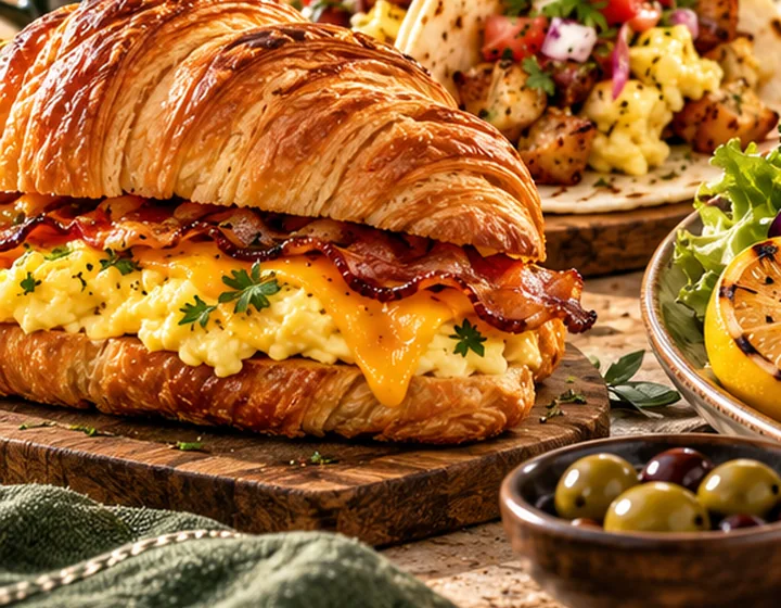 Flaky breakfast croissant with eggs, cheese, bacon and breakfast tacos