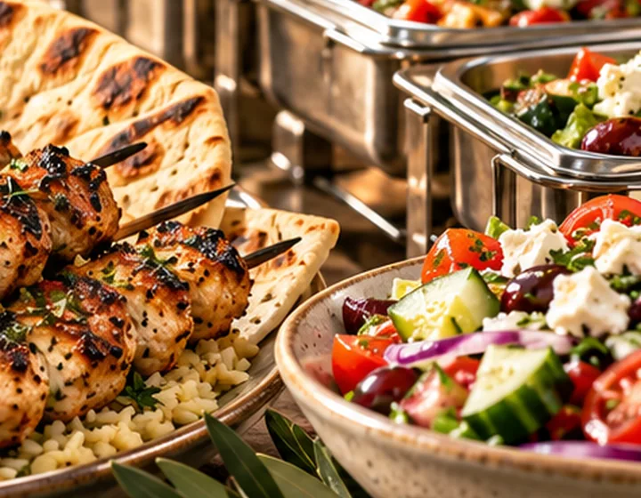 Buffet catering trays of seasoned rice, fresh salad and Mediterranean lunch favorites