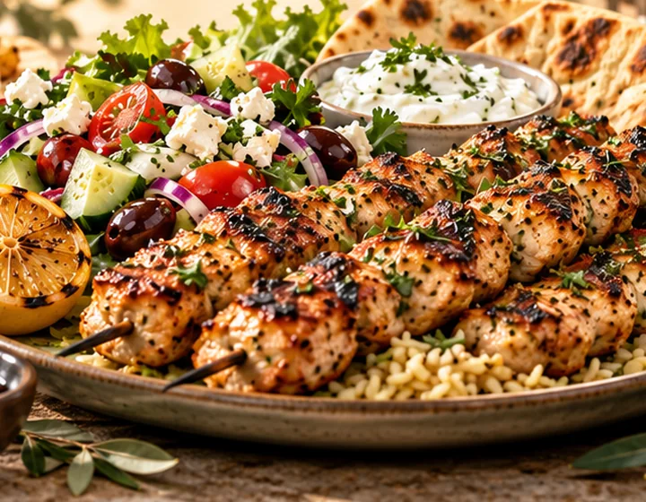 Grilled chicken kabobs over seasoned rice with bright Mediterranean vegetables